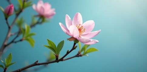 Fototapeta premium A Delicate Pink Blossom on a Branch Against a Serene Light Blue Sky