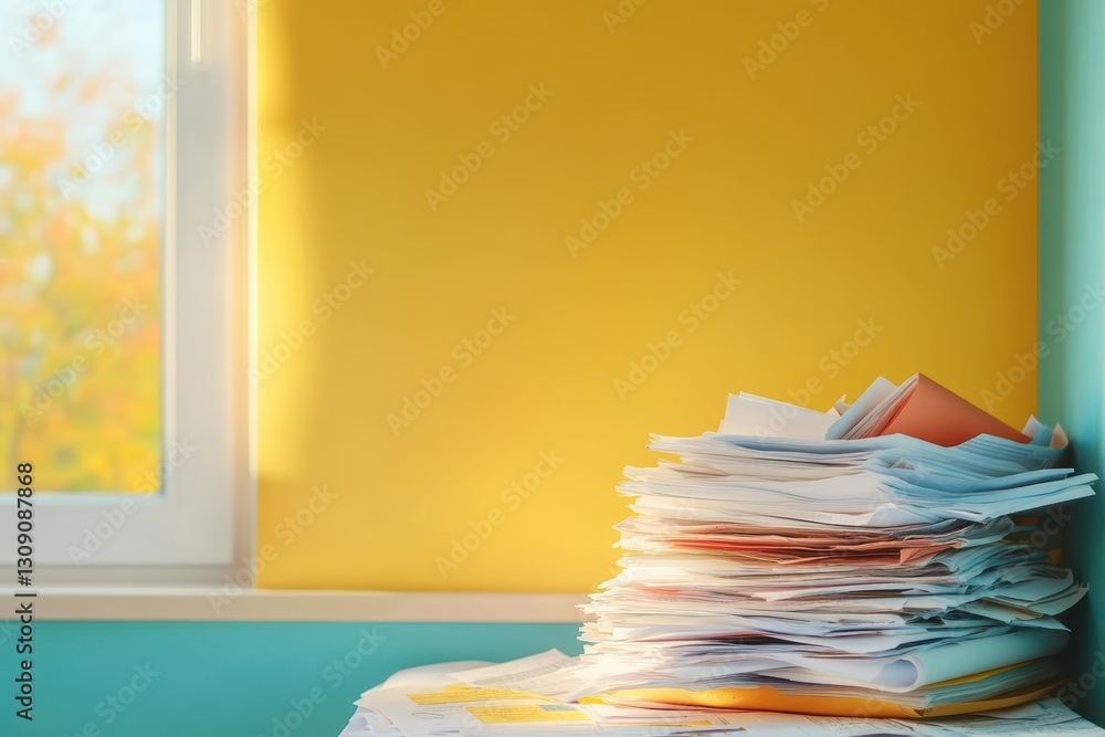Poster neatly arranged stack of papers on a wooden table with soft natural lighting creating a calm and org