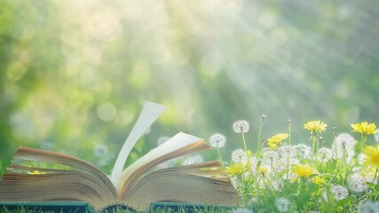 Opened old book in spring field with yellow flowers and sunlight. Summer reading for relaxation. Fantasy novel in nature for invitation or greeting card