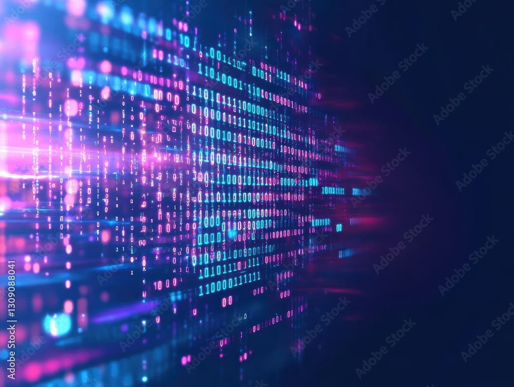 Poster vibrant computer screen displaying an abstract blue and pink background with gradients evoking a mod