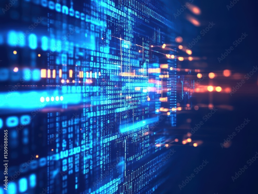Poster futuristic abstract design featuring blue and black background enhanced with repetitive binary code 