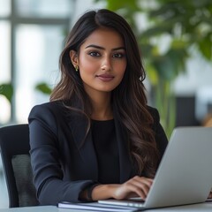 Fototapeta premium Vertical portrait of an Indian woman, dressed in a formal suit, typing on her laptop at a contemporary office desk, with natural light illuminating her workspace