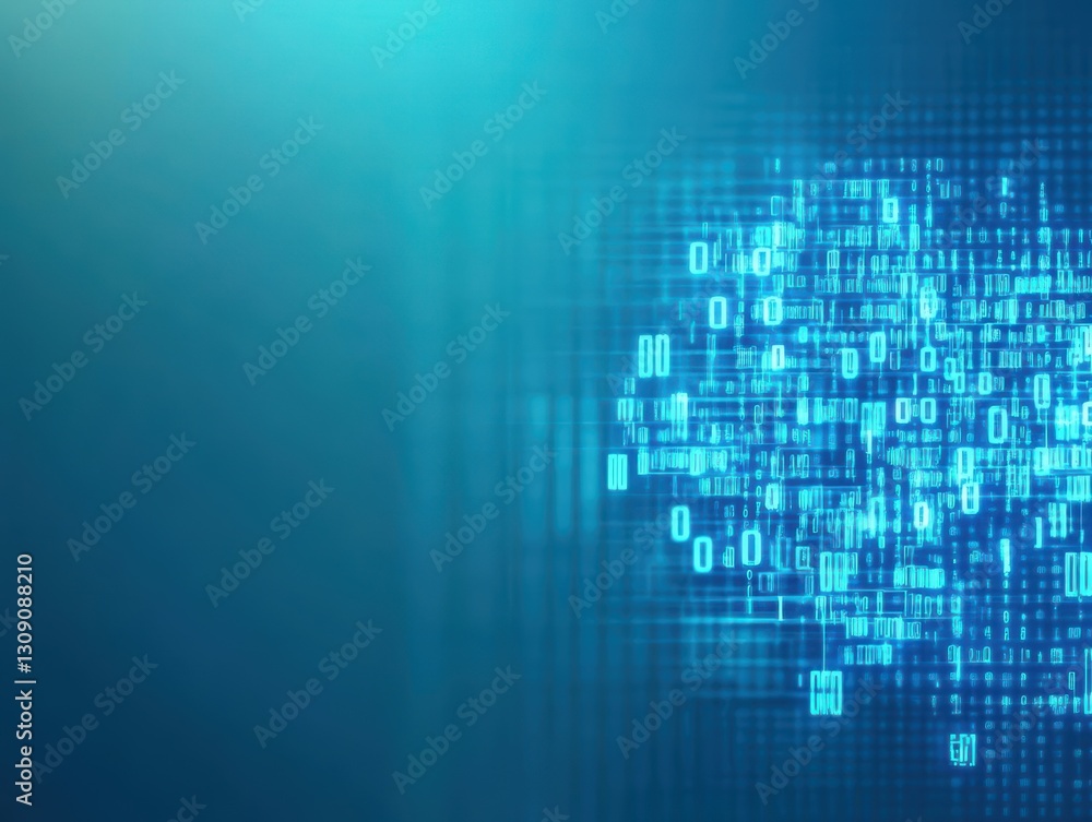Poster abstract representation of digital data flow with blue background and numerous binary symbols evokin