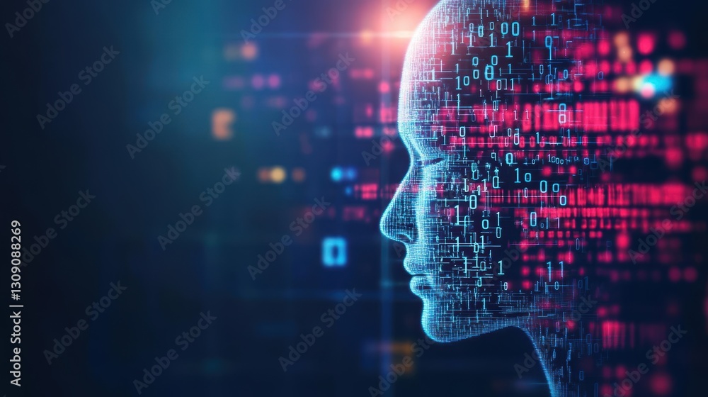 Aufkleber a human head illuminated with flowing binary code representing digital transformation and the inters