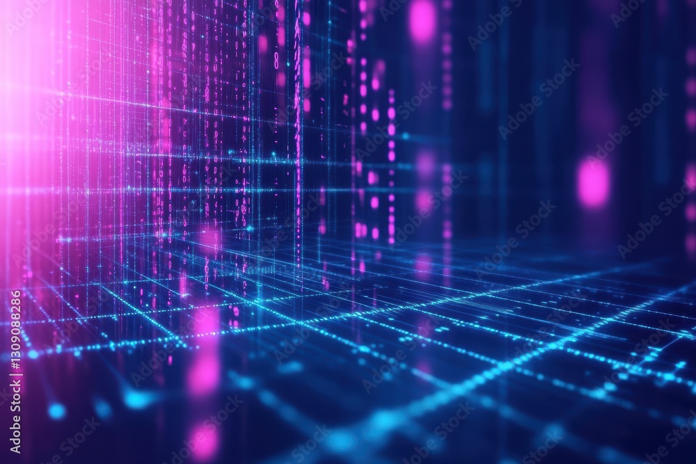 Poster vibrant blue and pink background with dynamic lines creating an abstract visual experience evoking e
