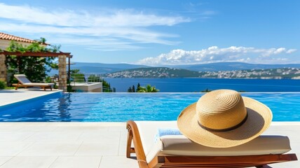 Poolside Relaxation. Close-up from behind of a lounge chair by a luxurious pool,