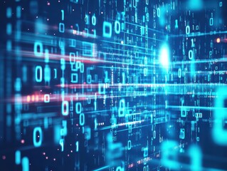 Naklejka premium Vibrant Digital Background Featuring Blue and Red Colors with Intricate Binary Symbols Creating a Modern and Futuristic Visual Experience