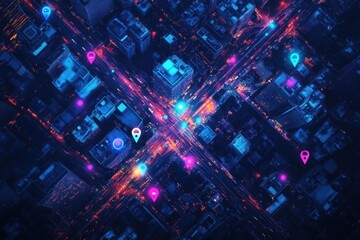 Obraz premium Vibrant Urban Nightscape Featuring Colorful Lights and Architectural Wonders of a Bustling City Capturing the Energy and Diversity of City Life
