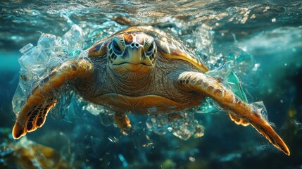 Fototapeta premium Sea Turtle swims underwater. Plastic trash floats all around. Ocean wildlife struggling. Water pollution is a danger for animals.