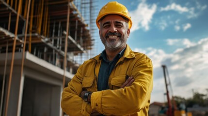 Labor day, A portrait of a middle aged Indian smiling man in a yellow helmet and jacket with arms crossed, standing in the background of a construction site building, a blue sky with clouds