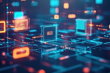 Intricate Computer Circuitry Set Against a Vivid Blue and Orange Background Showcasing Technology Innovation and Modern Digital Artistry in Motion