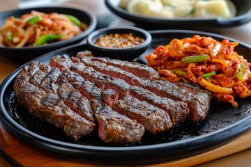 Culinary Delight: Savor the mouthwatering allure of a perfectly grilled steak, artfully presented alongside vibrant side dishes and flavorful sauces.