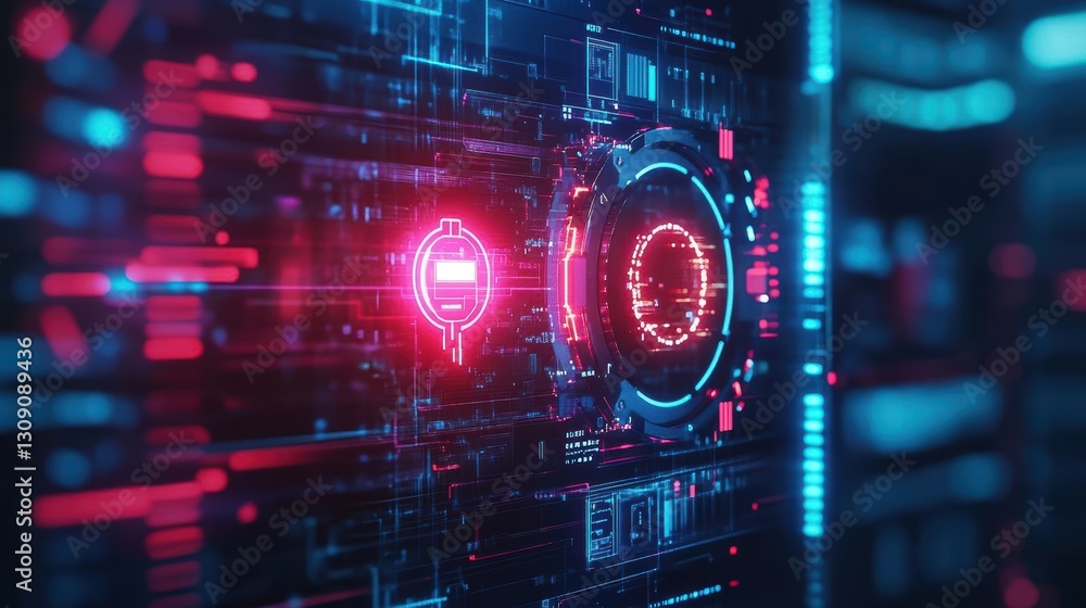Poster futuristic interface radiating red light from center creating a dynamic and engaging visual experien