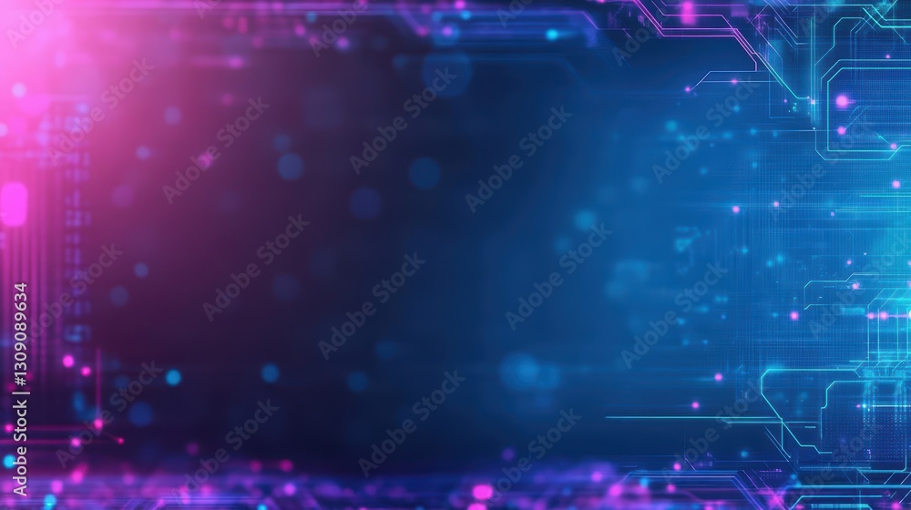 Poster vibrant blue and pink circuitry design with intricate patterns and background elements showcasing te