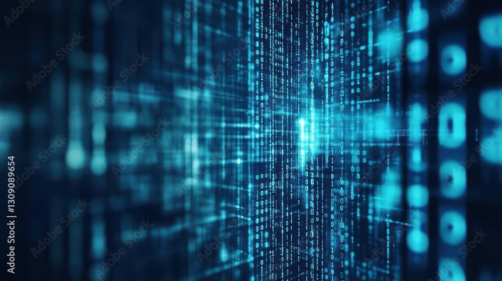 Poster intricate dark blue background filled with repetitive binary code creating a futuristic and high-tec