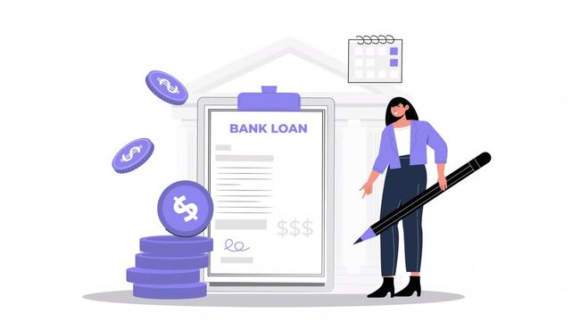 A sharp 2D vector animation explaining loan eligibility, application processes, and interest calculations.