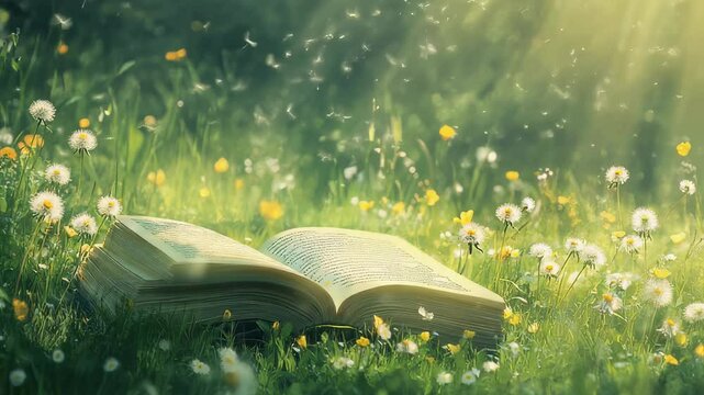 Open book on grass among dandelions. Reading in the nature concept. Summer sunny day for relax and education, knowledge background for greeting card