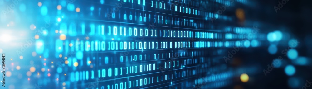 Poster vibrant blue background filled with repetitive binary code rows creating a high-tech digital aesthet