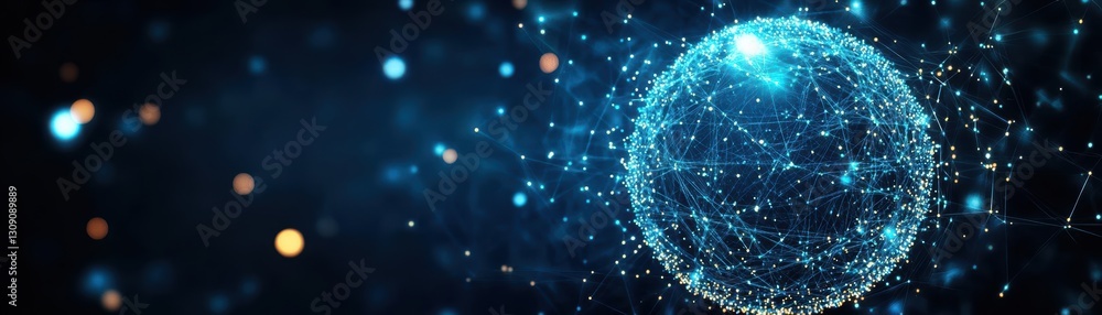 Poster elegant sphere composed of interconnected dots creating a visual representation of networked technol