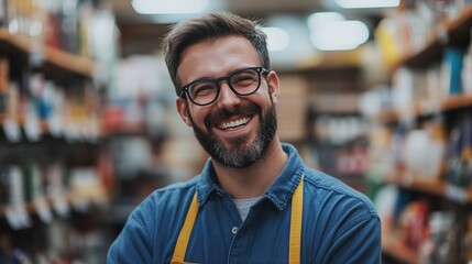 Smiling man in an apron standing in a store. Happy happy happy hardware. Ai generative store with a worker. A cheerful man wearing an apron is standing lifestyle in a shop.