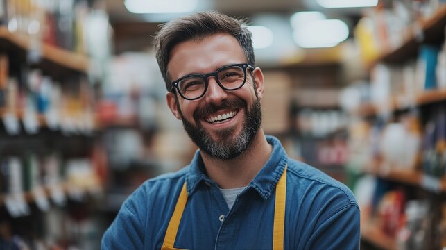 Smiling man in an apron standing in a store. Happy happy happy hardware. Ai generative store with a worker. A cheerful man wearing an apron is standing lifestyle in a shop. - Powered by Adobe
