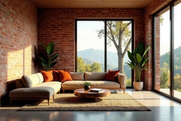 Fototapeta premium Modern Sectional Sofa in a Sunlit Brick Room with Panoramic Mountain Views