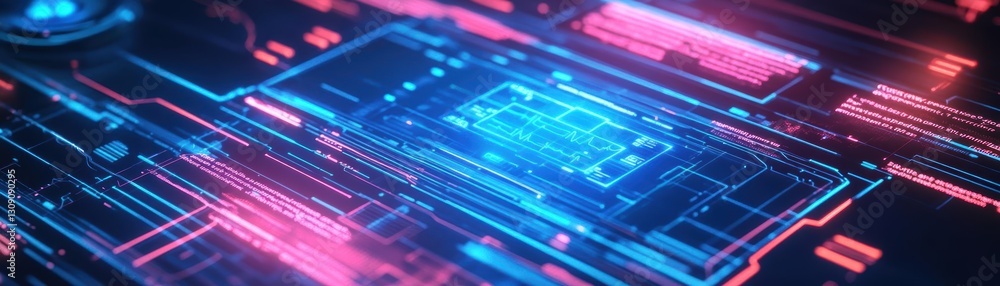 Poster abstract technology background featuring glowing lines and dots in a vibrant digital landscape with 