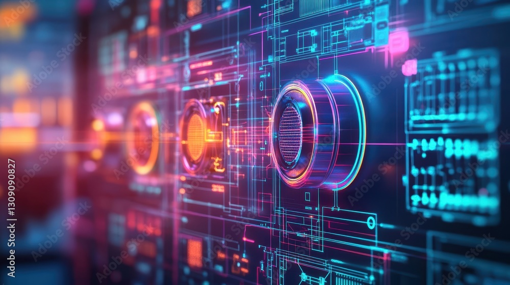 Poster vibrant computer screen displaying striking blue and red background with abstract patterns evoking m