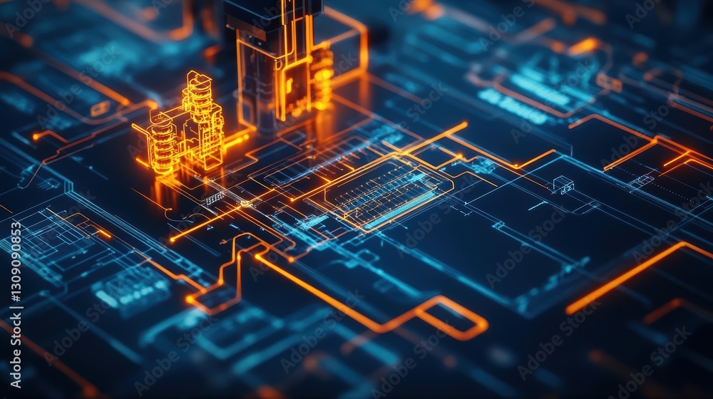 Poster intricate computer circuitry with radiant orange glow illuminating technological innovation and mode