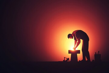Fototapeta premium Blacksmith crafts a piece of metal with hammer and anvil in a minimalist illustration showcasing traditional skills