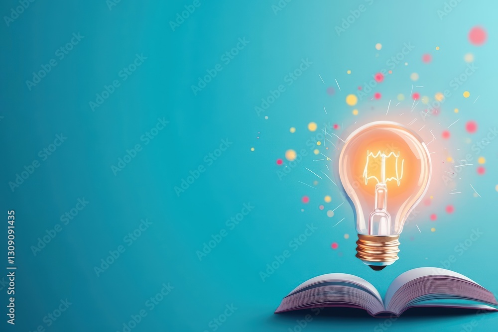 Poster an open book with a bright light bulb symbolizing ideas and knowledge illuminating the pages in a co