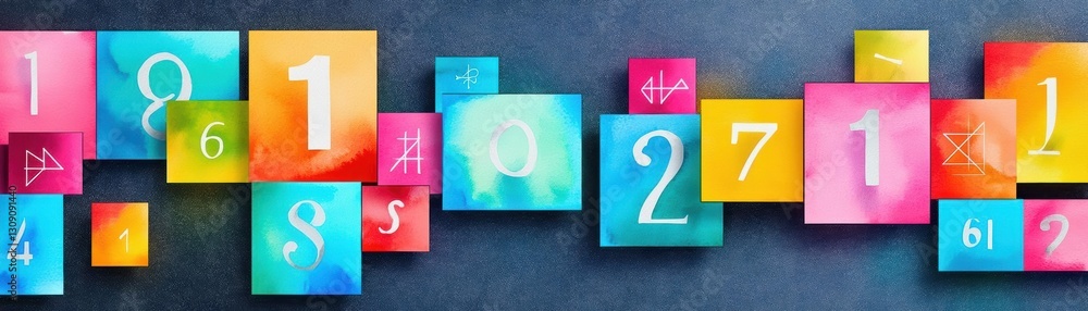 Poster vibrant abstract painting featuring bright colors and intricate numbers creating a dynamic and engag