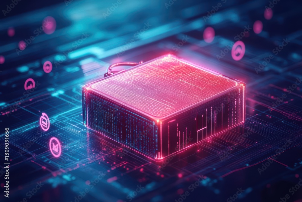 Poster closeup view of a computer processor with a bright red light illuminating its surface highlighting t