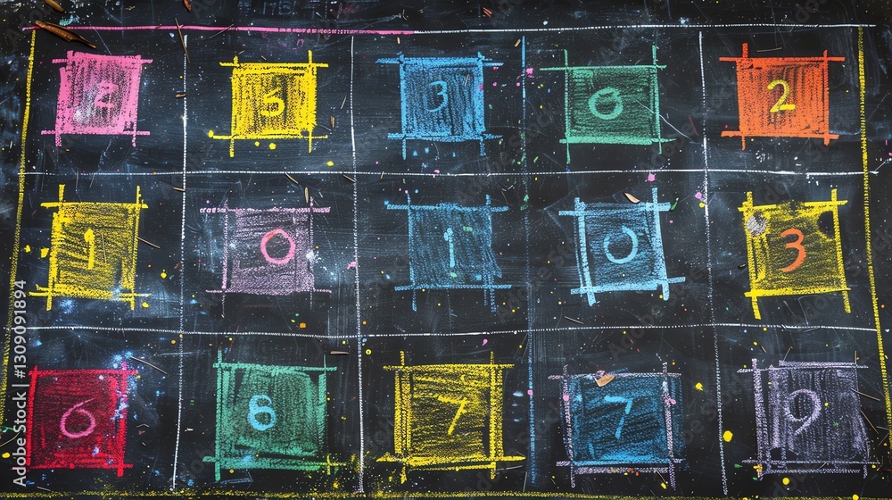 Poster a chalk drawing on a black surface with a 3x3 grid of colorful squares, each containing a number.