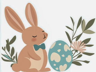 Obraz premium Cute easter bunny relaxing next to decorated egg and spring flowers
