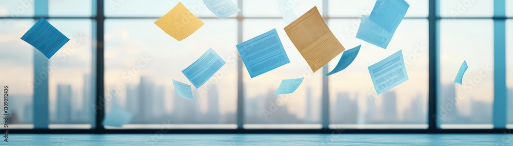 Poster a tranquil scene of a window with scattered papers gracefully floating in the air illuminated by sof