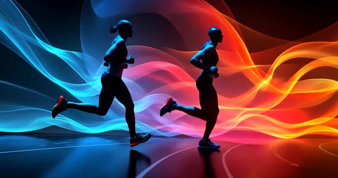 Two Female Athletes in Dynamic Pose with Glowing Abstract Backgrounds featuring vibrant colors like blue, orange, and red. The image conveys energy, motion, speed and power. This is an example of