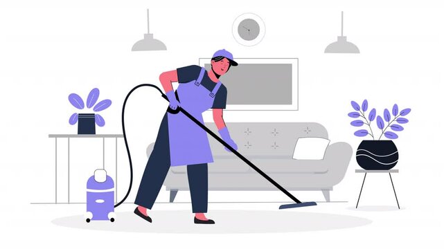 A sharp 2D vector animation highlighting professional cleaning services, tools, and hygiene maintenance.