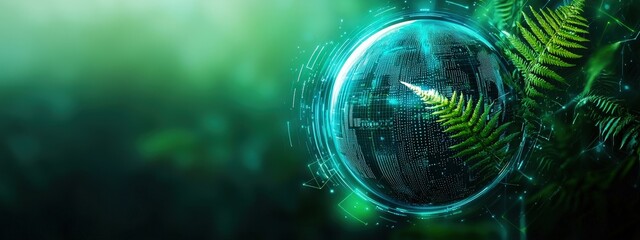 Digital Earth Concept with Green Ferns and Futuristic Elements