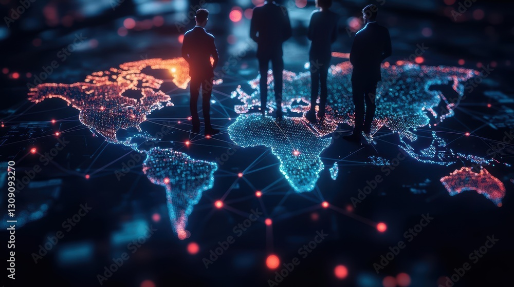 Poster group of individuals standing on a colorful map with a large world map in the background symbolizing