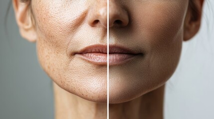 Woman's 45 years old face demonstrating the effects of skincare treatment in a clear split view