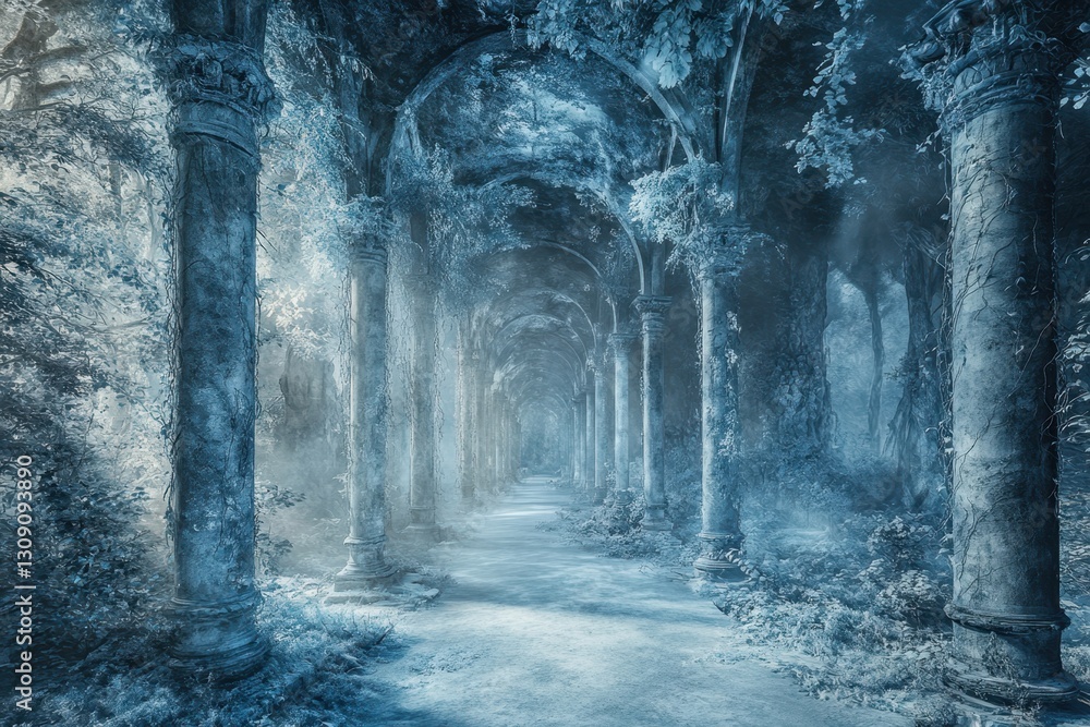 Poster mysterious ancient corridor with columns surrounded by ethereal mist and foliage