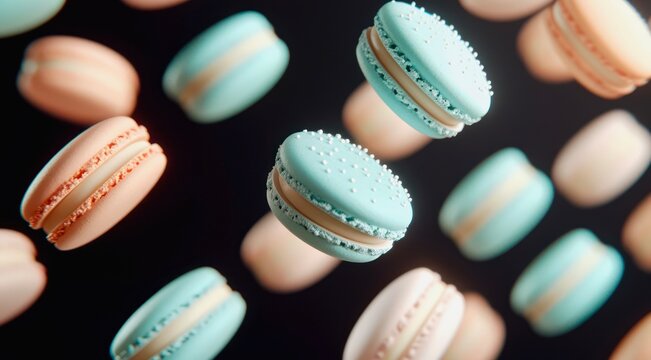 Colorful French macaroons flying on black background.