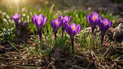 The first spring flowers. Purple crocuses (lat. Crocus) close-up in the morning sunlight.