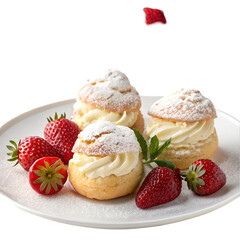 Strawberry choux pastry topped with white cream and strawberries
