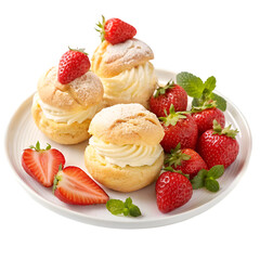 Strawberry choux pastry topped with white cream and strawberries