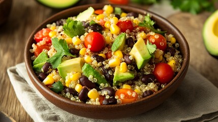 Delicious Quinoa Salad Recipe with Avocado Corn Black Beans Healthy Food Bowl Vibrant Colors Fresh Ingredients Summer Meal Preparation Dietary        