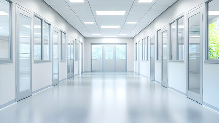 Modern Architectural Interior Bright White Hallway with Glass Doors Windows and Geometric Lines