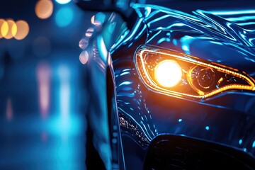 Close-up of the headlights of a modern car on a dark background