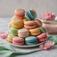 Obraz premium Colorful French Macarons on a Decorative Plate A Plate Full of Colorful Macarons Elegant macarons in pastel colors beautifully arranged on a marble background 